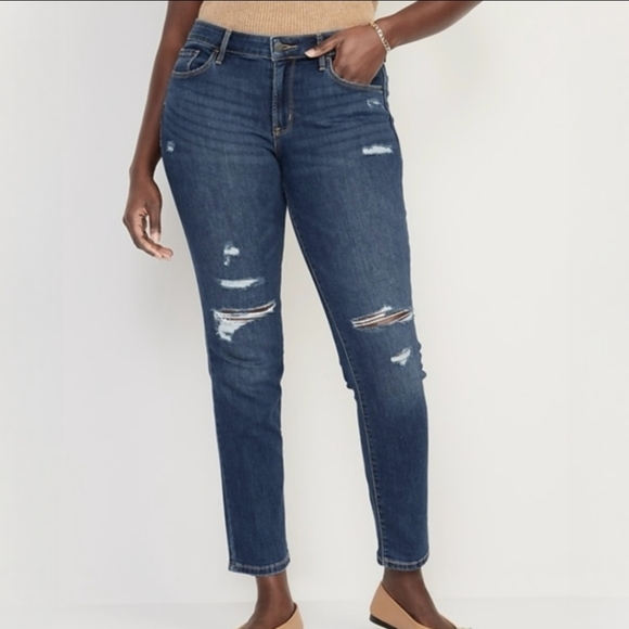 Old Navy Mid Rise Power Slim Straight Leg Distressed Blue Denim Jeans Plus 20 - Picture 1 of 13